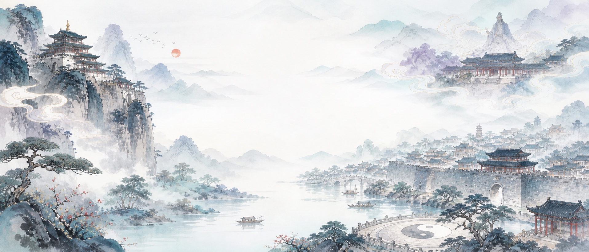 水墨山水中的邯郸古城与楼阁